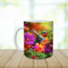 Personalized hummingbird mug with custom name. 11 oz ceramic mug with bold floral design. Vibrant bird and flower sublimated coffee cup. 